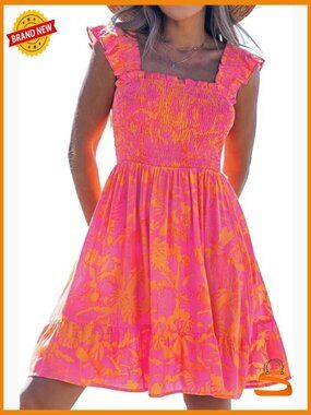 Summer Cute A-Line Mini Dress Square Neck Flowy Sleeveless Ruffle Dress